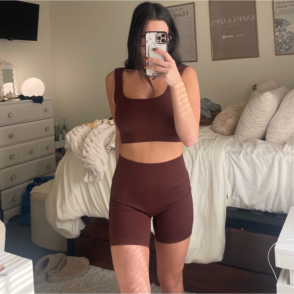 Brown Ribbed Co-ord Shorts Set